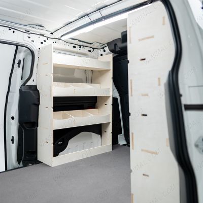 Passenger van side angle view of the Peugeot Partner L2 Double Rear Multi-Compartment Van Racking
