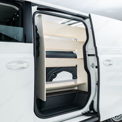 NS side view of the Toyota Proace City Long Full Van Racking: Compartments with NS Side Load & OS Shelves