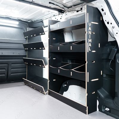 OS side angle view of the Proace City Long Hexaboard Full Van Racking: Compartments V4 Side Load - sliding door displayed open