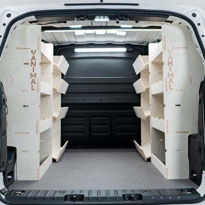 Rear van view of the Proace City Long Full Van Racking: Rear Compartment & Side Load Toolbox Shelves