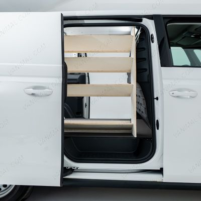 Driver side view of the Toyota Proace City Long OS Van Racking: Rear Compartment & Side Load Toolbox Shelves