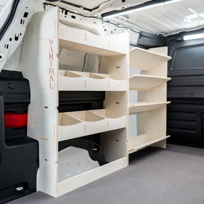 Rear van view of the VW ID Buzz Cargo NS Van Racking: Rear Compartment & Front Toolbox Shelves