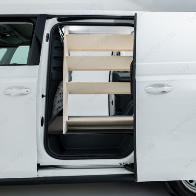 Passenger side view of the Vauxhall Combo XL NS Van Racking: Rear Compartment & Side Load Toolbox Shelves