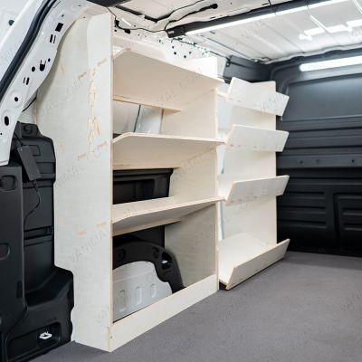 Rear van view of the VW ID Buzz Cargo NS Van Racking: Rear Toolbox Shelving & Front Side Load Shelves