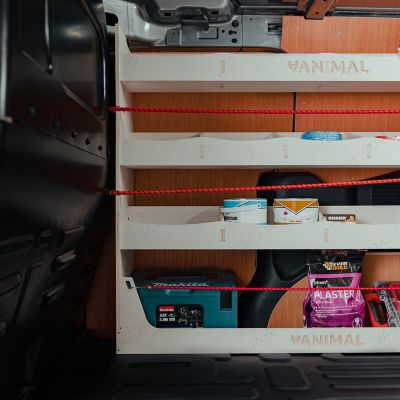 Side van view of the Renault Kangoo II 2008-2021 SWB OS/Driver Side Racking with Multi-Compartment Shelving