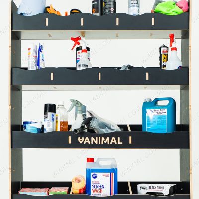 Close-up front view of the racking compartments displayed with tools and equipment