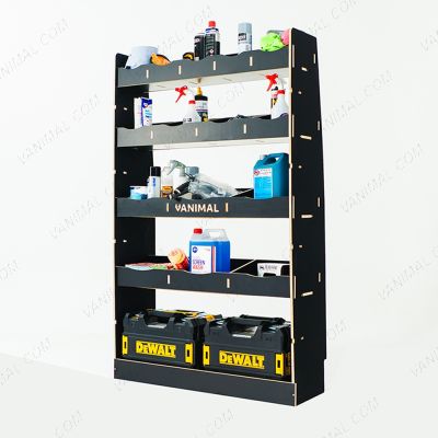 RH side angle view of the MAN TGE 2017- MWB Hexaboard XL OS Van Racking and Shelving Unit displayed with tools and equipment