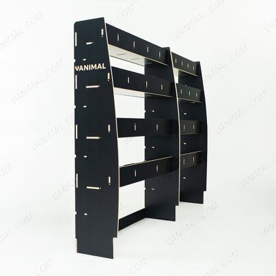 Back view of the Nissan Interstar 2025- Hexaboard Driver Side Van Racking (Multi-Compartment) 