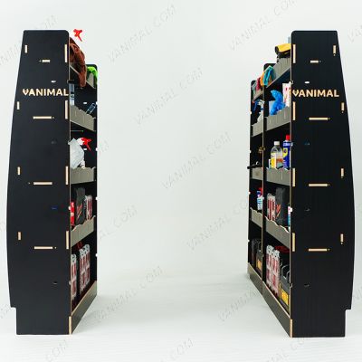 Rear van view of the MAN TGE 2017- MWB Hexaboard Triple Van Racking System (Multi-Compartment) displayed with tools and toolboxes