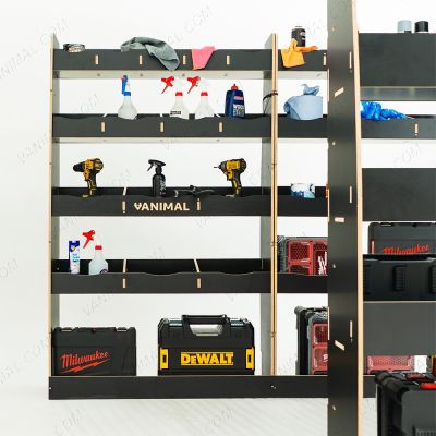 Side van view of the MAN TGE 2017- MWB Hexaboard Triple Van Racking System (Multi-Compartment) displayed with tools and toolboxes