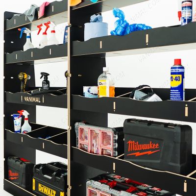 Close-up view of the racking compartments displayed with tools and equipment