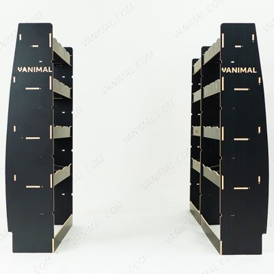 Rear van view of the MAN TGE 2017- MWB Hexaboard Triple Van Racking System (Multi-Compartment)