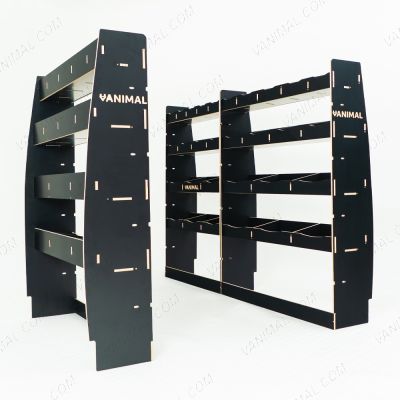 LH side angle view of the MAN TGE 2017- MWB Hexaboard Triple Van Racking System (Multi-Compartment)