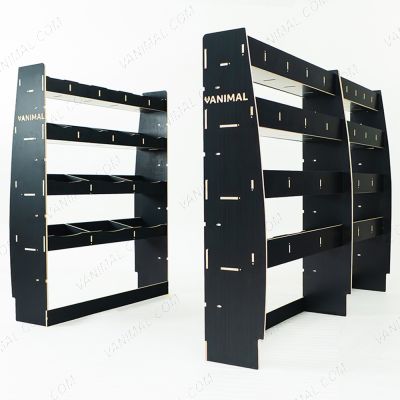 RH side angle view of the MAN TGE 2017- MWB Hexaboard Triple Van Racking System (Multi-Compartment)