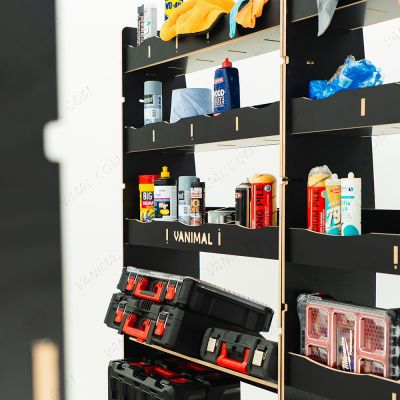 Close-up view of the racking compartments and shelfs with tools and equipment