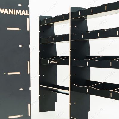 Close-up view of the racking compartments and shelfs