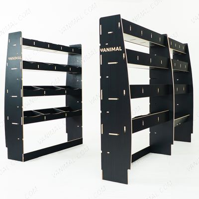 RH side angle view of the MAN TGE 2017- MWB Hexaboard Triple Van Racking with Toolbox Shelf