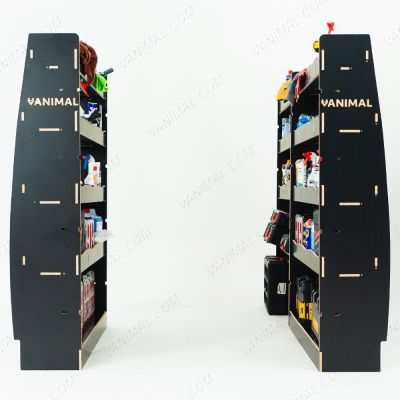 Rear van view of the MAN TGE 2017- MWB Hexaboard Triple Van Racking with Toolbox Shelf displayed with tools and toolboxes