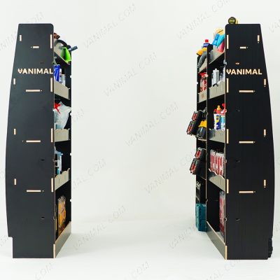 Rear van view of the MAN TGE 2017- MWB Hexaboard Triple Van Racking System with x2 Toolbox Shelves displayed with tools and toolboxes