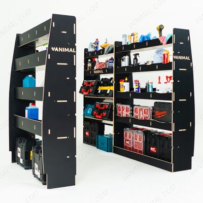 Rear van LH side angle view of the MAN TGE 2017- MWB Hexaboard Triple Van Racking System with x2 Toolbox Shelves displayed with tools and toolboxes