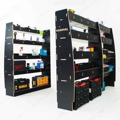 Rear van RH side angle view of the MAN TGE 2017- MWB Hexaboard Triple Van Racking System with x2 Toolbox Shelves displayed with tools and toolboxes