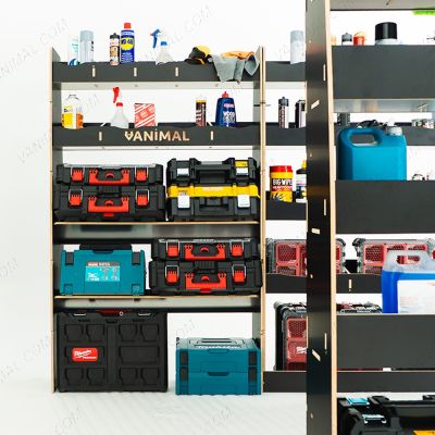 SIde van view of the MAN TGE 2017- MWB Hexaboard Triple Van Racking System with x2 Toolbox Shelves displayed with tools and toolboxes