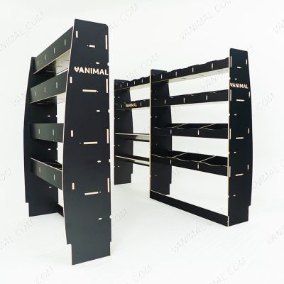 Rear van LH side angle view of the MAN TGE 2017- MWB Hexaboard Triple Van Racking System with x2 Toolbox Shelves