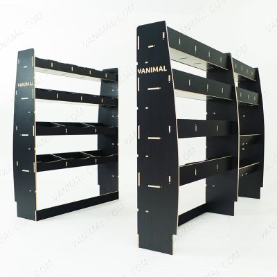 Rear van RH side angle view of the MAN TGE 2017- MWB Hexaboard Triple Van Racking System with x2 Toolbox Shelves