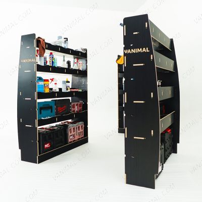 RH side angle rear van view of the MAN TGE 2017- MWB Hexaboard Double Rear and Full-Width Bulkhead Van Racking System displayed with tools and toolboxes