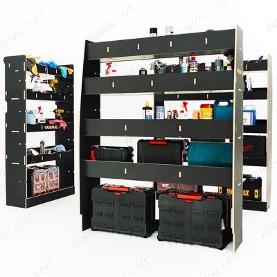 LH side angle rear van view of the MAN TGE 2017- MWB Hexaboard Double Rear and Full-Width Bulkhead Van Racking System displayed with tools and toolboxes