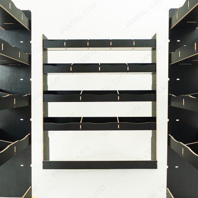 Close-up rear van view of the MAN TGE 2017- MWB Hexaboard Double Rear and Full-Width Bulkhead Van Racking System