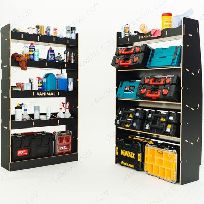 LH side angle rear van view of the MAN TGE 2017- MWB Hexaboard Front Toolbox Shelving and Bulkhead Ply Racking displayed with tools and toolboxes