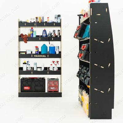 Rear van view of the MAN TGE 2017- MWB Hexaboard Front Toolbox Shelving and Bulkhead Ply Racking displayed with tools and toolboxes