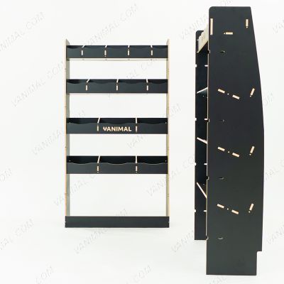 Rear van view of the MAN TGE 2017- MWB Hexaboard Front Toolbox Shelving and Bulkhead Ply Racking