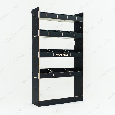 Close-up view of the bulkhead section of the MAN TGE 2017- MWB Hexaboard Front Toolbox Shelving and Bulkhead Ply Racking