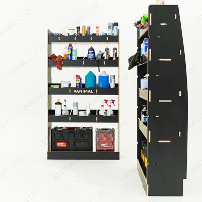 Rear van view of the MAN TGE 2017- MWB Hexaboard Front and Bulkhead Ply Racking and Shelving displayed with tools and toolboxes