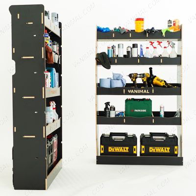 Side van view of the MAN TGE 2017- MWB Hexaboard Front and Bulkhead Ply Racking and Shelving displayed with tools and toolboxes