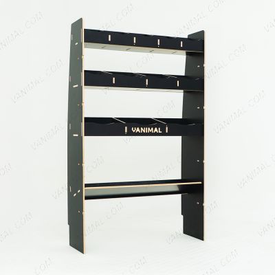 LH side angle view of the MAN TGE 2017- MWB Hexaboard Front Ply Racking with Toolbox Shelf 