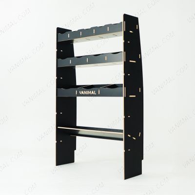 RH side angle view of the MAN TGE 2017- MWB Hexaboard Front Ply Racking with Toolbox Shelf 