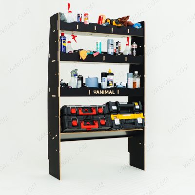 LH side angle view of the MAN TGE 2017- MWB Hexaboard Front Ply Racking with Toolbox Shelf displayed with tools and toolboxes 