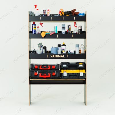 Front view of the MAN TGE 2017- MWB Hexaboard Front Ply Racking with Toolbox Shelf displayed with tools and toolboxes 