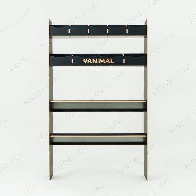 Front view of the MAN TGE 2017- MWB Hexaboard Front Ply Racking with 2 Toolbox Shelves 