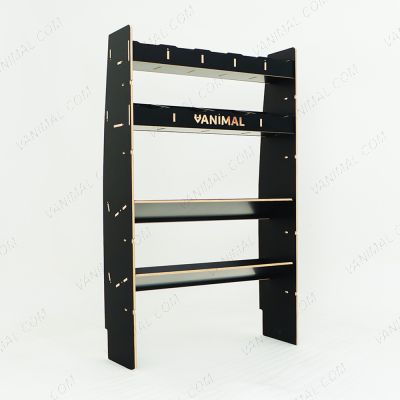 LH side angle view of the MAN TGE 2017- MWB Hexaboard Front Ply Racking with 2 Toolbox Shelves 