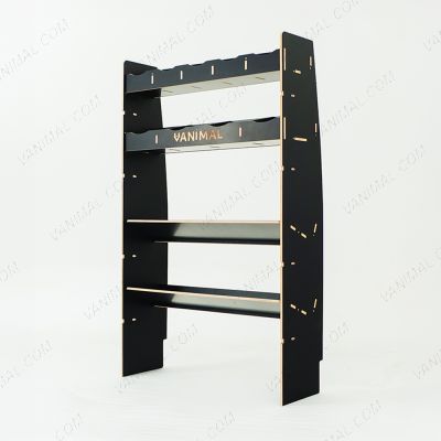 RH side angle view of the MAN TGE 2017- MWB Hexaboard Front Ply Racking with 2 Toolbox Shelves 