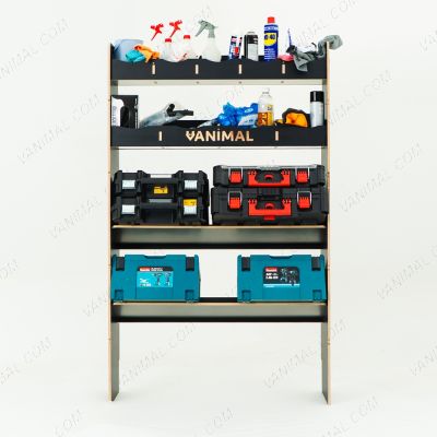 Front view of the MAN TGE 2017- MWB Hexaboard Front Ply Racking with 2 Toolbox Shelves displayed with tools and toolboxes