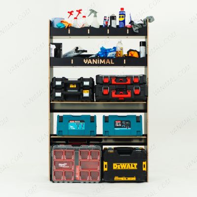 Front view of the MAN TGE 2017- MWB Hexaboard Front Ply Racking with 2 Toolbox Shelves displayed with tools, Makita, Milwaukee, festool and DeWalt toolboxes