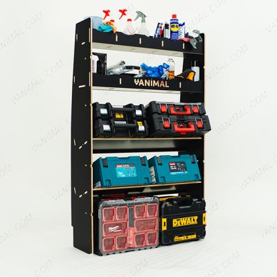 LH side angle view of the MAN TGE 2017- MWB Hexaboard Front Ply Racking with 2 Toolbox Shelves displayed with tools and toolboxes 