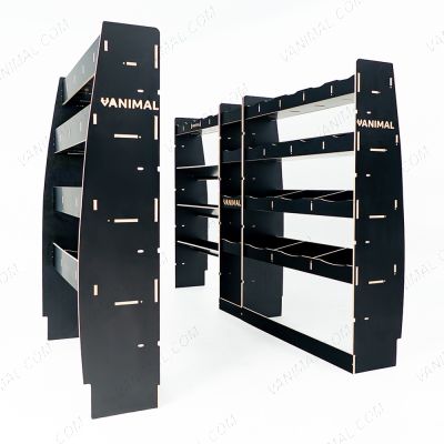 Full hexaboard L3 van racking setup for Nissan Interstar 2025 with toolbox front unit, middle infill and rear compartments