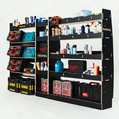 Full‑length hexaboard racking for Nissan Interstar 2025 with toolbox front, middle infill and rear 4‑shelf units