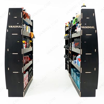 Nissan Interstar 2025 modular hexaboard racking with angled toolbox shelves, 8‑compartment middle infill and twin rear shelves